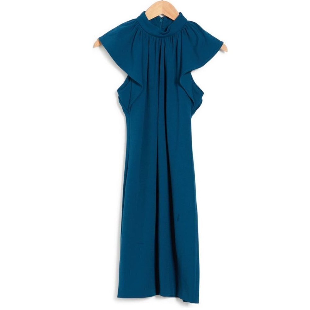 Calvin Klein Womens Teal High Neck Short Flutter Sleeve Shift Dress Sz 14 New - Picture 3 of 9